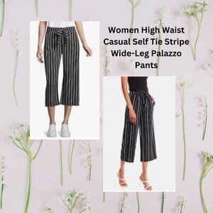 L Ashley Blue Women’s High Waist Casual Self-Tie Stripe Wide Leg Palazzo Pants